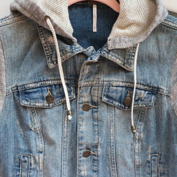 Free People Blue Denim Jean Heather Gray Knit Long Sleeve Hooded Jacket Size XS - Picture 10 of 12